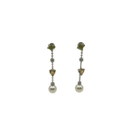 18 Karat Weißgold Ohrhänger mit Peridot, Citrin, Brillanten und Perle