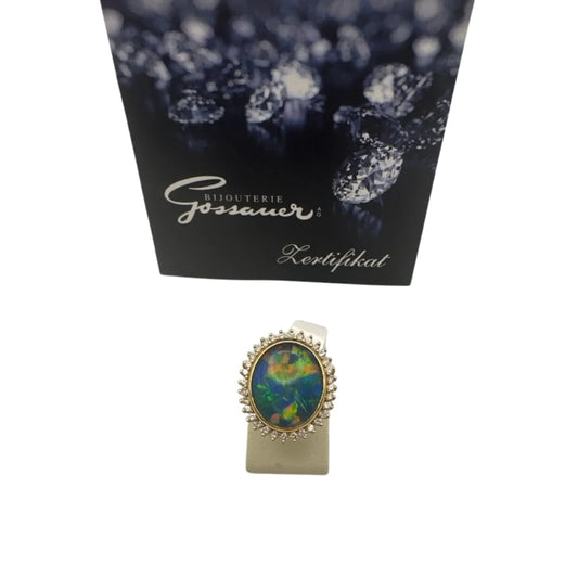 Bague en or jaune 18 carats avec opale et 32 diamants taille brillant (0,64 ct HSI), taille 53