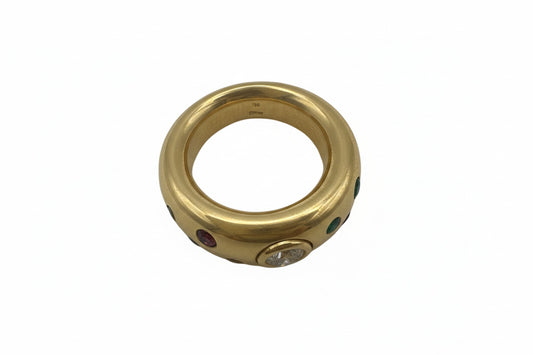 18 Karat Gelbgold Ring mit Rubin, Saphir, Smaragd und Brillanten – Größe 52 (anpassbar)