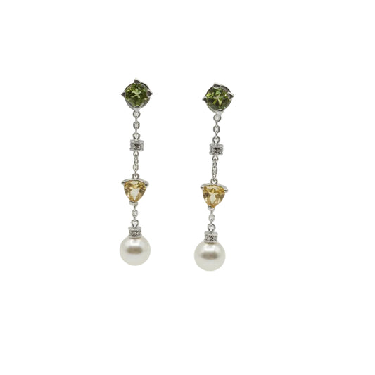 18 Karat Weißgold Ohrhänger mit Peridot, Citrin, Brillanten und Perle