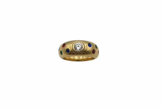 18 Karat Gelbgold Ring mit Rubin, Saphir, Smaragd und Brillanten – Größe 52 (anpassbar)