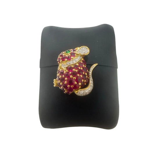 Exklusive Maus-Brosche aus 18K Gelbgold mit Rubin, Smaragd & Brillanten - 6,68 g